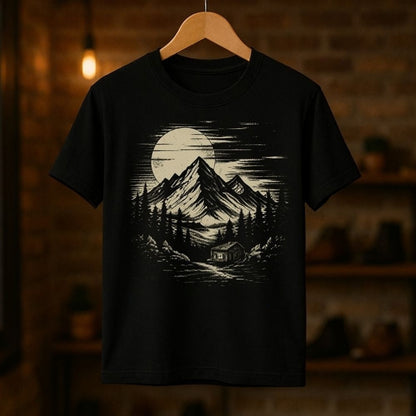 A black short-sleeve t-shirt hanging on a wooden hanger against a warm, blurred brick wall background. The t-shirt features a detailed black and off-white graphic print of a mountain landscape at night with a full moon, pine trees, and a cabin.