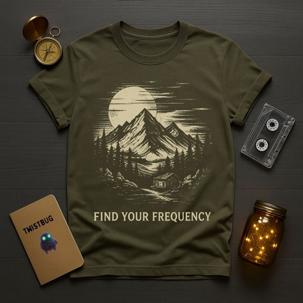 Green t-shirt with mountain graphic and 'Find Your Frequency' text on a wooden surface with vintage items.