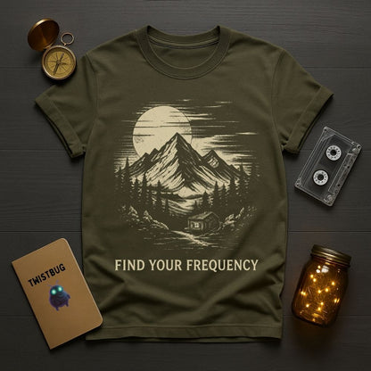 Green t-shirt with mountain graphic and 'Find Your Frequency' text on a wooden surface with vintage items.