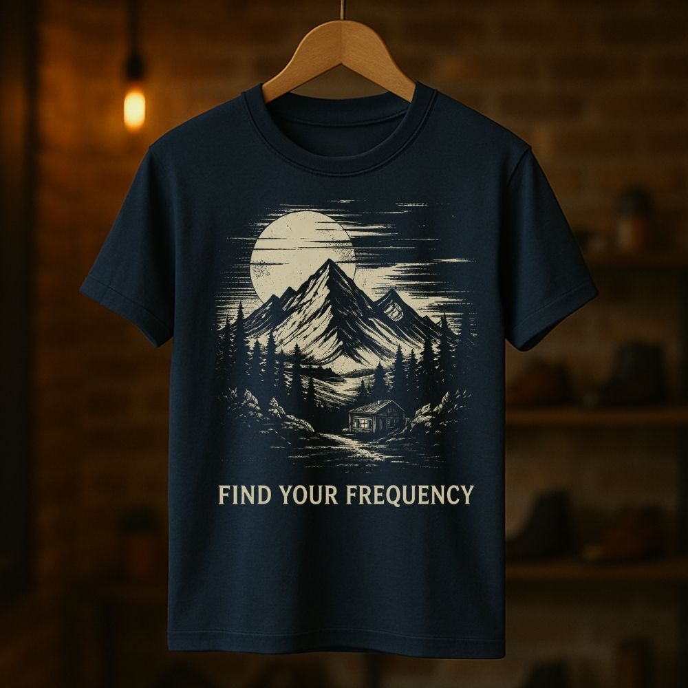 Navy blue t-shirt with mountain and moon design on a wooden hanger against a dark background