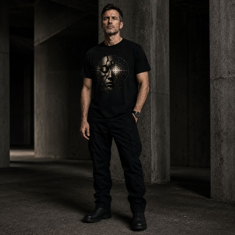 Man wearing a black t-shirt with a graphic design in a dark, industrial setting