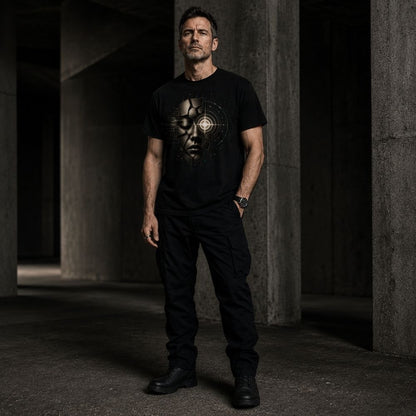 Man wearing a black t-shirt with a graphic design in a dark, industrial setting