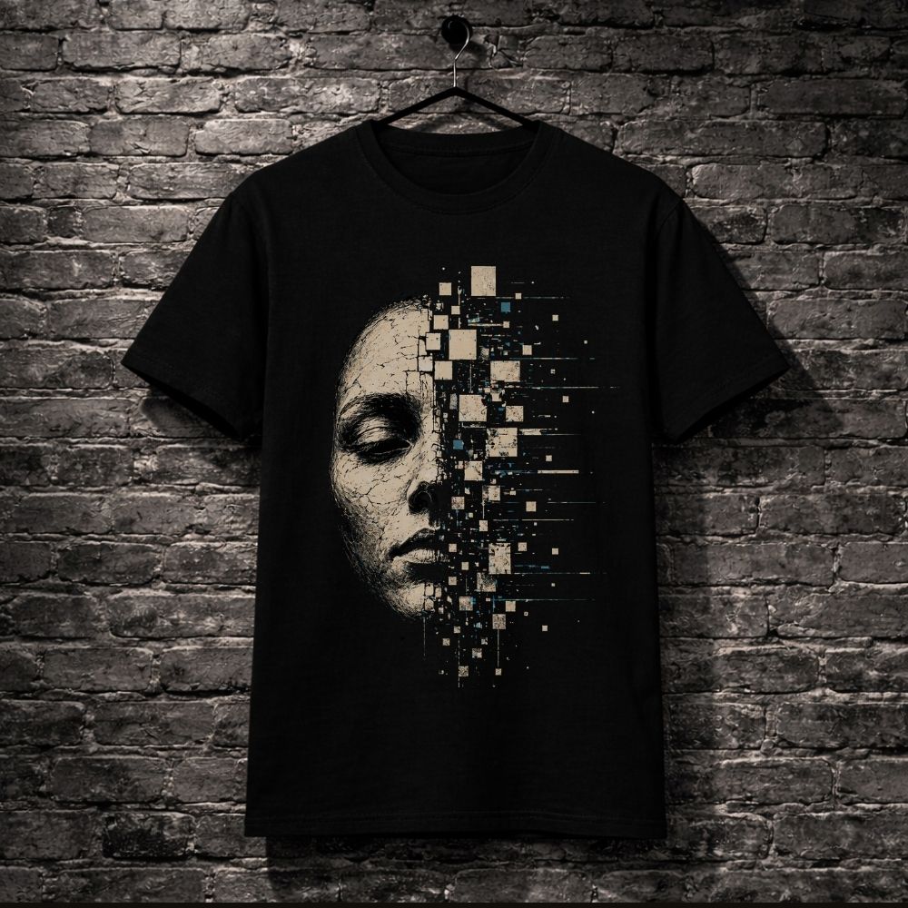 A black short-sleeve t-shirt hanging on a black hanger against a dark gray brick wall. The shirt features a graphic print of a woman's face in profile, with the right side dissolving into a geometric pixelated pattern of beige and light blue squares.