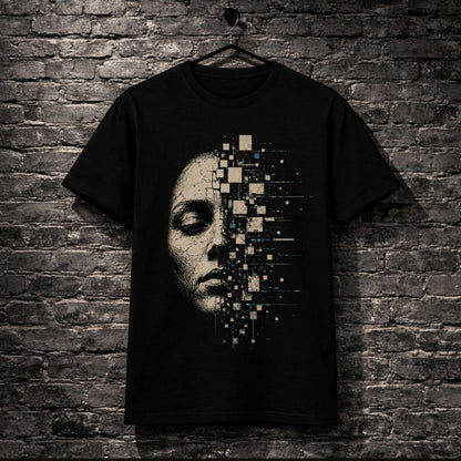 A black short-sleeve t-shirt hanging on a black hanger against a dark gray brick wall. The shirt features a graphic print of a woman's face in profile, with the right side dissolving into a geometric pixelated pattern of beige and light blue squares.