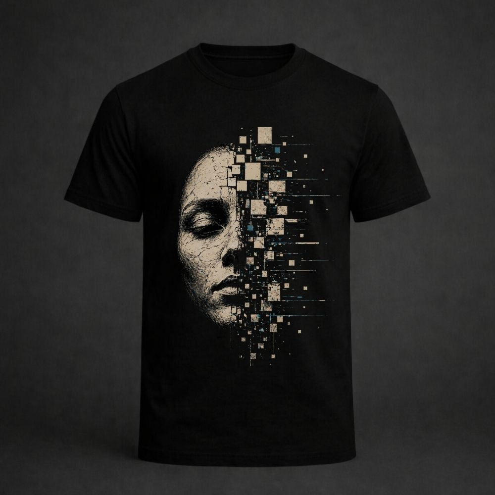 A black short-sleeve crewneck t-shirt featuring a graphic print of a human face dissolving into digital pixels on the right side, set against a dark gray background.