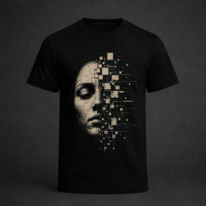 A black short-sleeve crewneck t-shirt featuring a graphic print of a human face dissolving into digital pixels on the right side, set against a dark gray background.