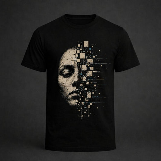A black short-sleeve crewneck t-shirt featuring a graphic print of a human face dissolving into digital pixels on the right side, set against a dark gray background.