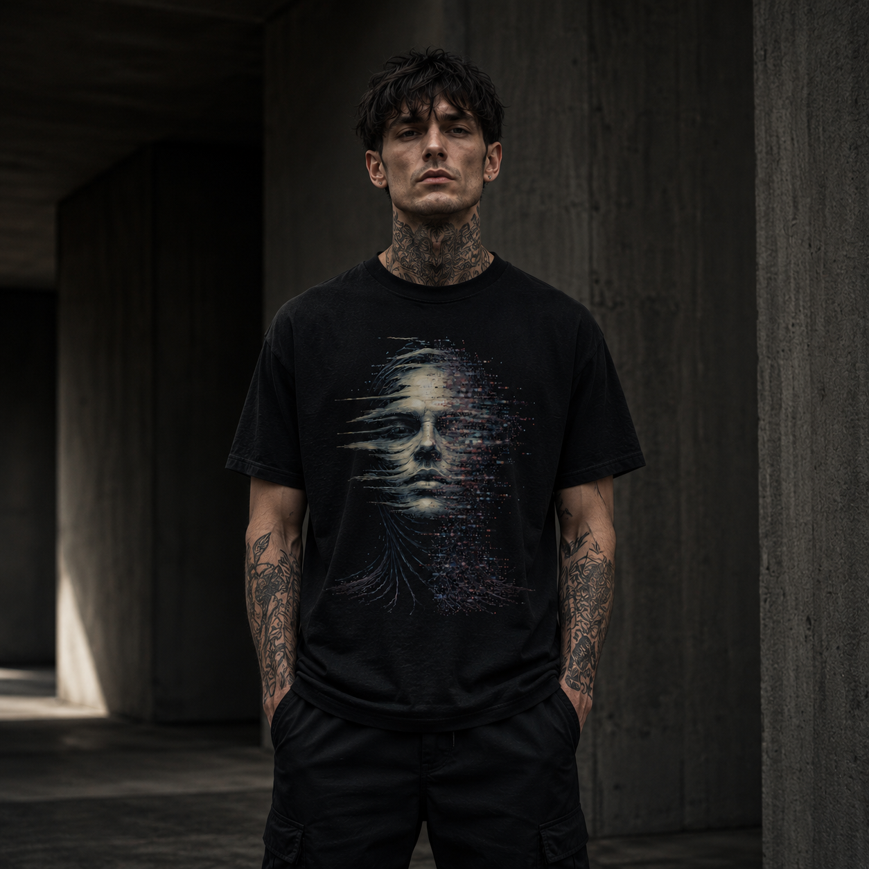 Man wearing a black t-shirt with a graphic design, standing in a dark, industrial setting.