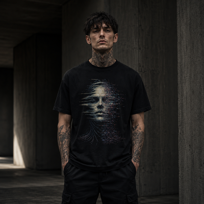 Man wearing a black t-shirt with a graphic design, standing in a dark, industrial setting.