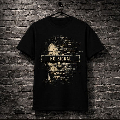 A black short-sleeve t-shirt hanging on a black hanger against a dark gray brick wall. The shirt features a distressed graphic of a face with horizontal pixelation and a central banner reading 'NO SIGNAL' in white.