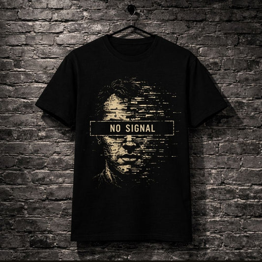 A black short-sleeve t-shirt hanging on a black hanger against a dark gray brick wall. The shirt features a distressed graphic of a face with horizontal pixelation and a central banner reading 'NO SIGNAL' in white.