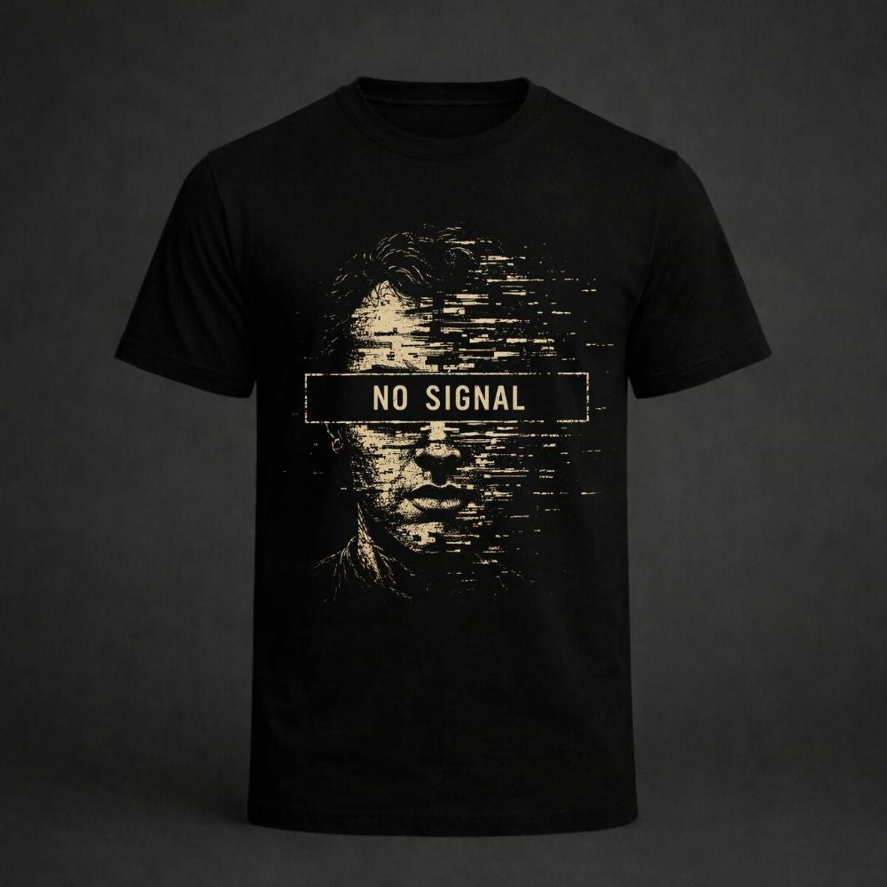 A black short-sleeve crewneck t-shirt featuring a distressed, pixelated graphic of a face with a central banner that reads 'NO SIGNAL' in white text, set against a dark gray background.