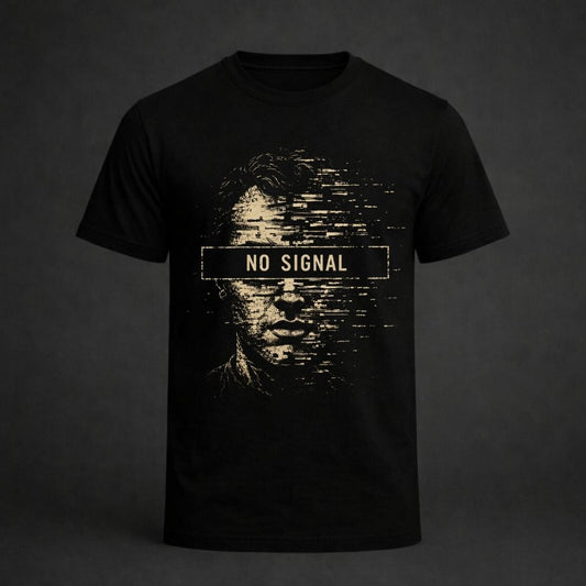 A black short-sleeve crewneck t-shirt featuring a distressed, pixelated graphic of a face with a central banner that reads 'NO SIGNAL' in white text, set against a dark gray background.
