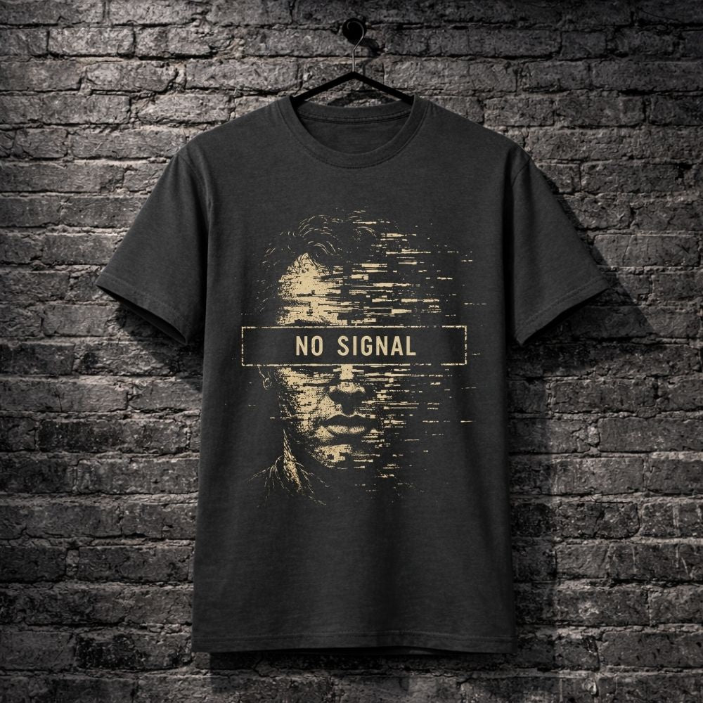 A dark charcoal gray t-shirt hanging on a black hanger against a dark gray brick wall. The shirt features a distressed graphic of a face with pixelated details and a central horizontal bar with the text 'NO SIGNAL' in gold.