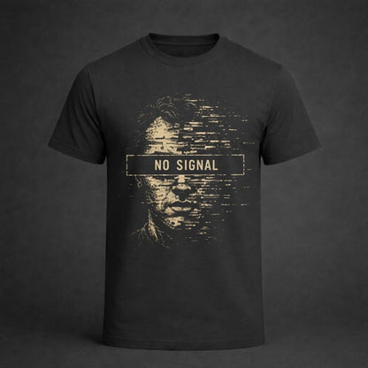 A dark charcoal gray t-shirt with a distressed beige graphic of a face and the text 'NO SIGNAL' across the chest, displayed against a dark gray background.