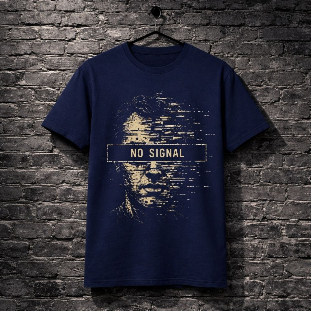 A navy blue short-sleeve t-shirt hanging on a black hanger against a dark gray brick wall. The shirt features a distressed graphic of a face with pixelated details and a horizontal bar across the eyes containing the text 'NO SIGNAL' in white.