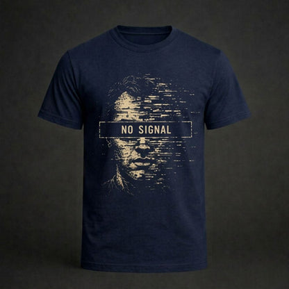 A navy blue short-sleeve t-shirt with a distressed graphic of a face in beige and the text 'NO SIGNAL' across the chest, displayed against a dark gray background.