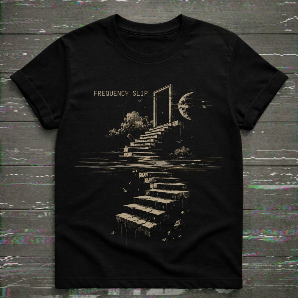 A black short-sleeve t-shirt with a sepia-toned graphic print of stone stairs leading to a doorway under a dark sky, with the text 'FREQUENCY SLIP' above the artwork, displayed flat on a dark wood plank background.