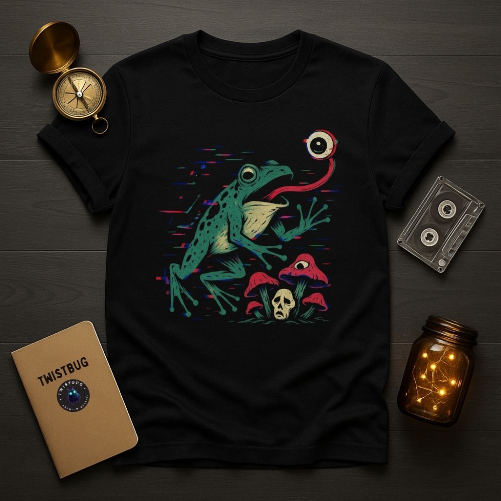 Black T-shirt with surreal glitch frog catching an eyeball above red mushrooms and skull — weirdcore art by Twistbug.