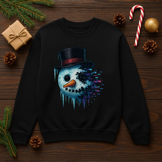 Glitch snowman sweatshirt on black background, pixel meltdown snowman with top hat and neon glitch.