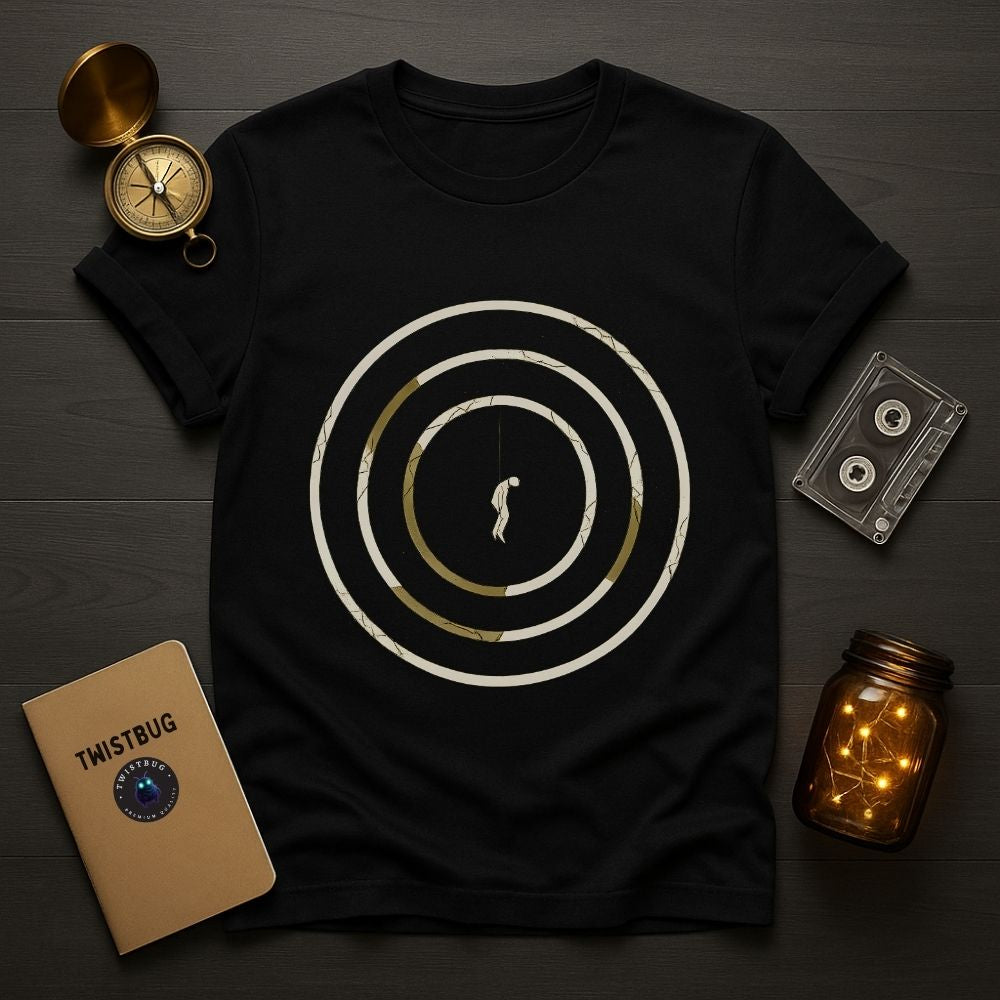 Black t-shirt with a surreal hanging figure inside broken circular signal rings, minimalist emotional streetwear design by Twistbug
