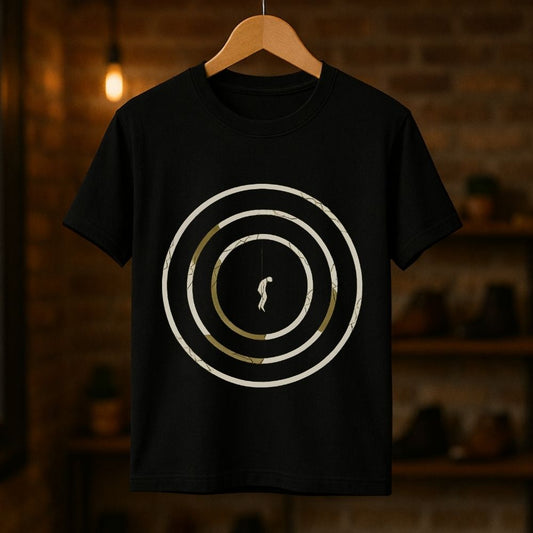 Surreal black t-shirt showing a hanging figure suspended inside concentric signal circles, displayed on a hanger in a warm studio setting

