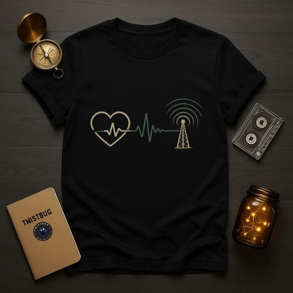 Heartbeat Over Hardware analog graphic t-shirt on black background