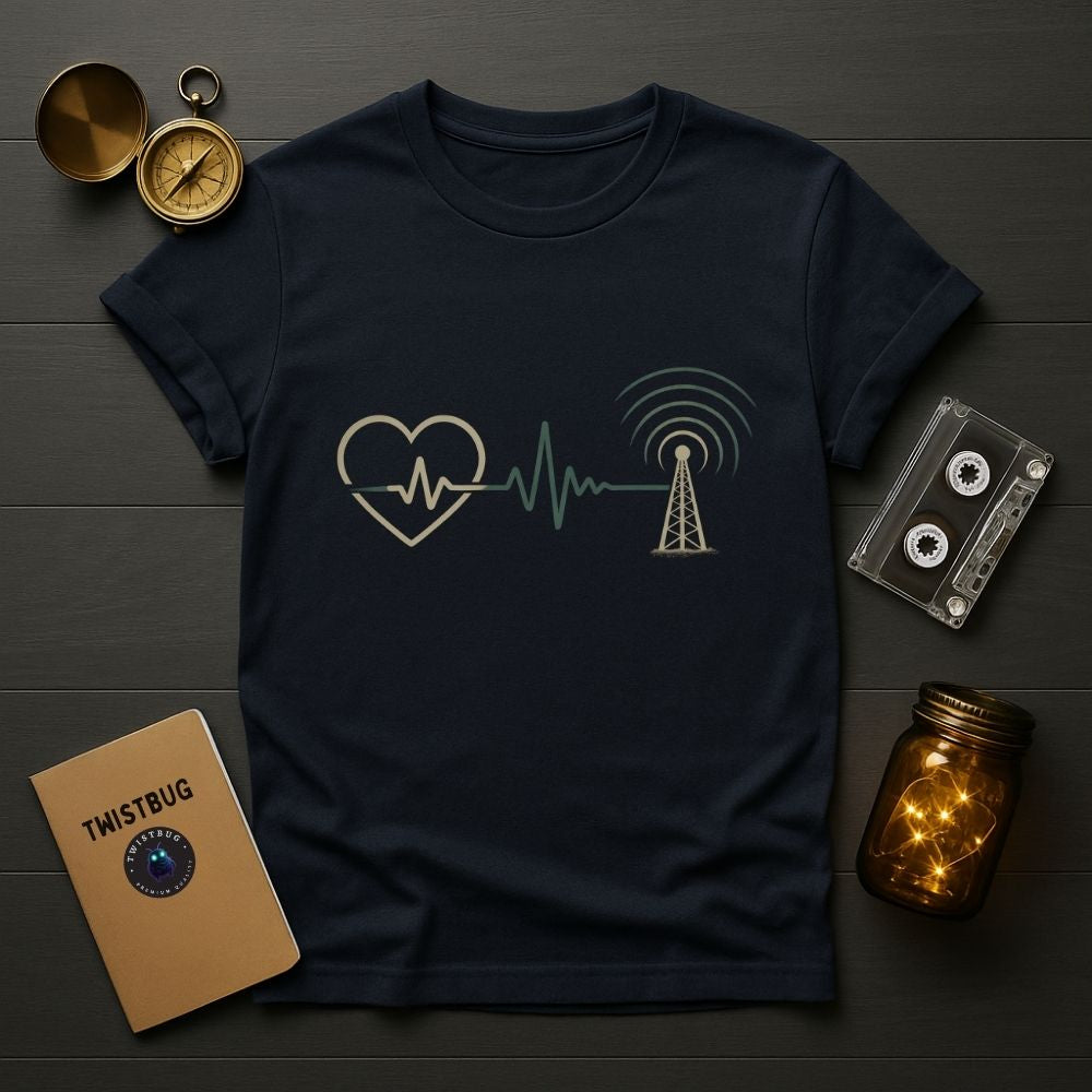 Heartbeat Over Hardware minimal analog t-shirt on navy fabric