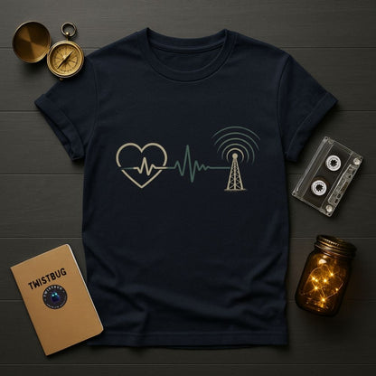 Heartbeat Over Hardware minimal analog t-shirt on navy fabric