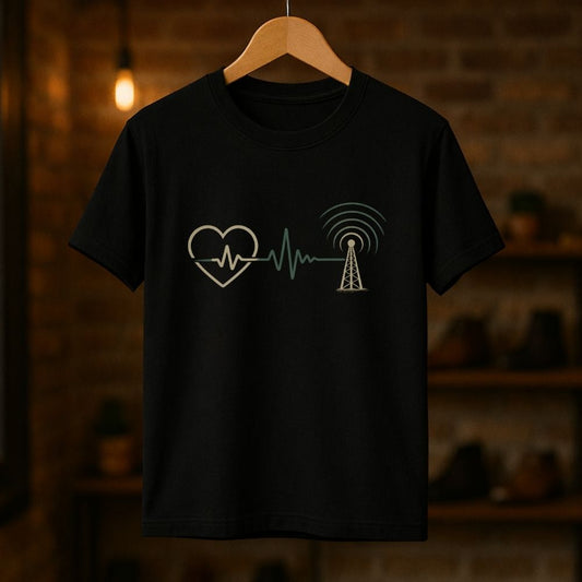 Minimal analog heartbeat graphic t-shirt hanging on black tee