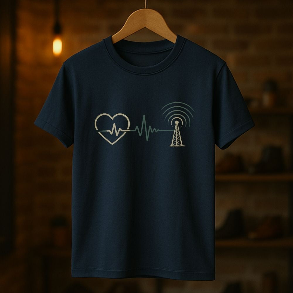 Heartbeat Over Hardware signal graphic t-shirt hanging on navy tee