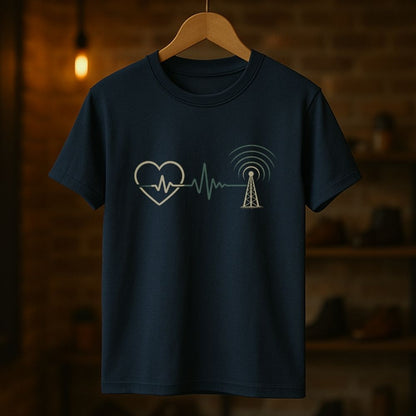 Heartbeat Over Hardware signal graphic t-shirt hanging on navy tee