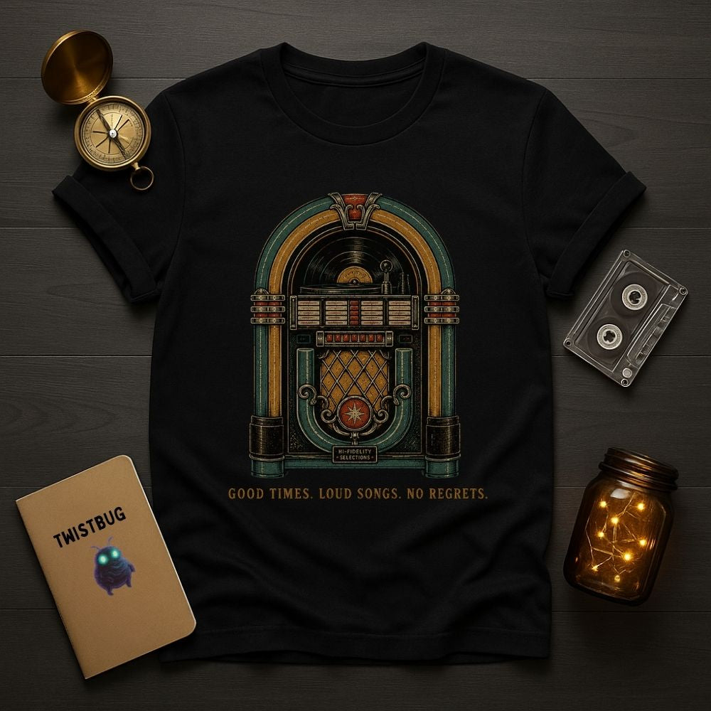 A black short-sleeve graphic T-shirt laid flat on a dark wood surface, featuring a vintage jukebox illustration in teal, gold, and orange tones with the text 'GOOD TIMES. LOUD SONGS.