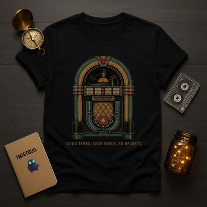 A black short-sleeve graphic T-shirt laid flat on a dark wood surface, featuring a vintage jukebox illustration in teal, gold, and orange tones with the text 'GOOD TIMES. LOUD SONGS.
