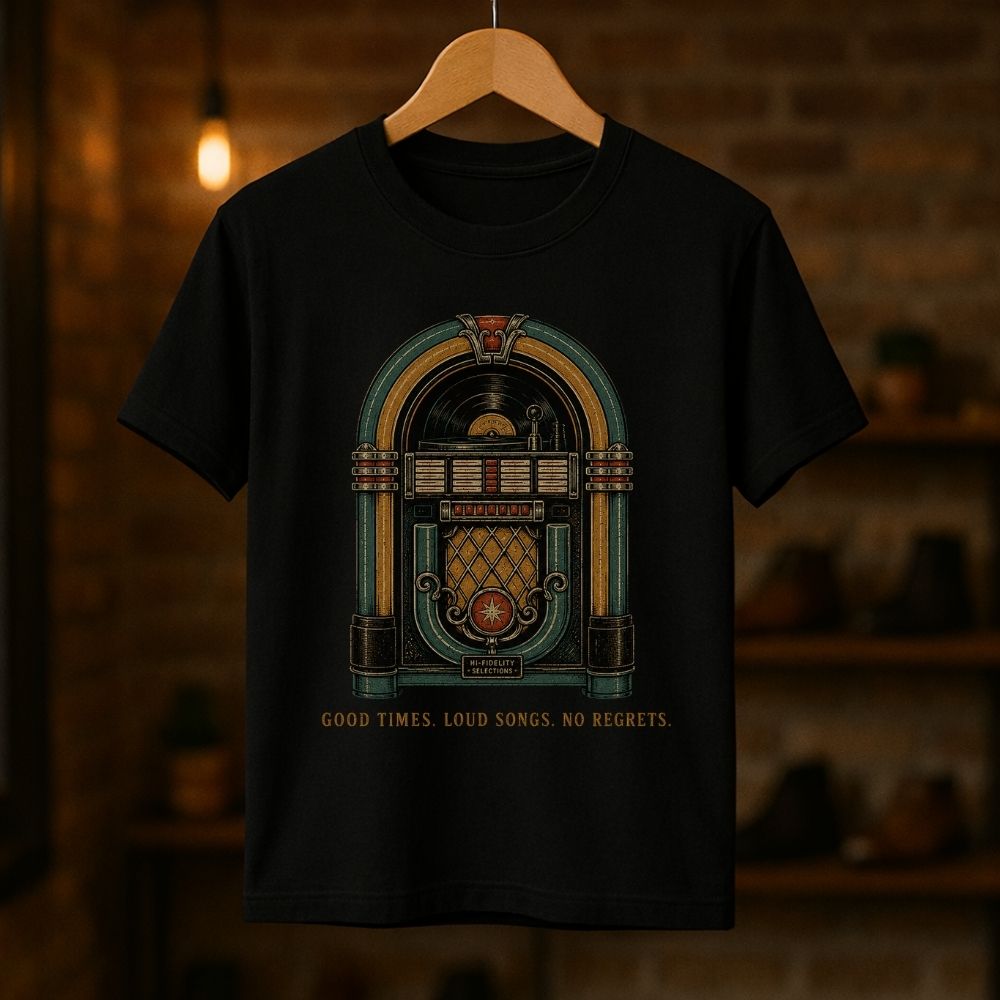 A black short-sleeve t-shirt hanging on a wooden hanger against a warm, blurred brick wall background. The shirt features a vintage-style jukebox graphic in teal, gold, and brown, with the text 'GOOD TIMES.