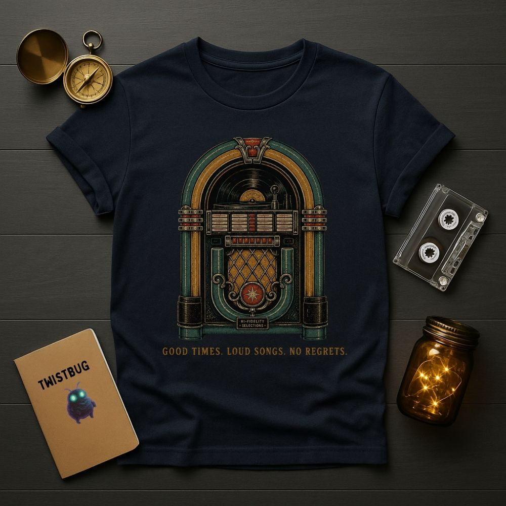 A navy blue graphic t-shirt featuring a vintage jukebox design with the text 'GOOD TIMES. LOUD SONGS.