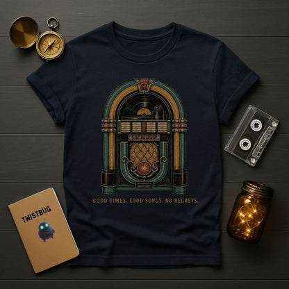 A navy blue graphic t-shirt featuring a vintage jukebox design with the text 'GOOD TIMES. LOUD SONGS.