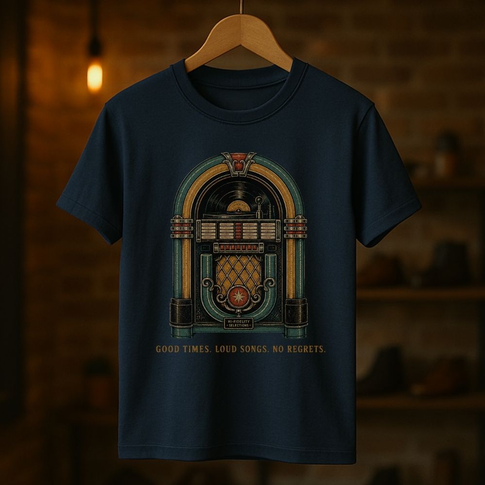 A navy blue short-sleeve t-shirt hanging on a wooden hanger against a warm, blurred brick wall background. The shirt features a vintage-style jukebox graphic in teal, gold, and red, with the text 'GOOD TIMES.