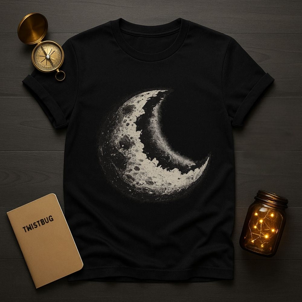 Dark crescent moon graphic on black folklore t-shirt