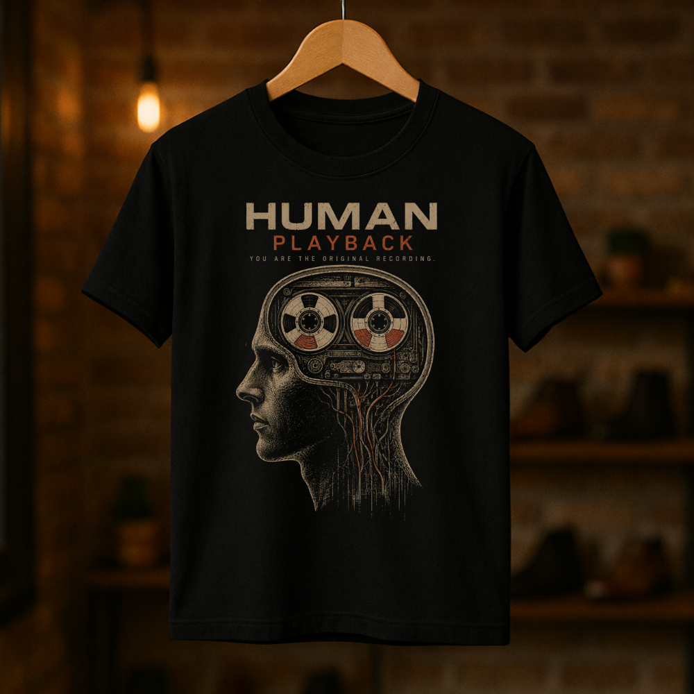 Black t-shirt with 'Human Playback' design on a wooden hanger against a blurred background