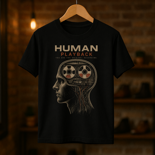 Black t-shirt with 'Human Playback' design on a wooden hanger against a blurred background