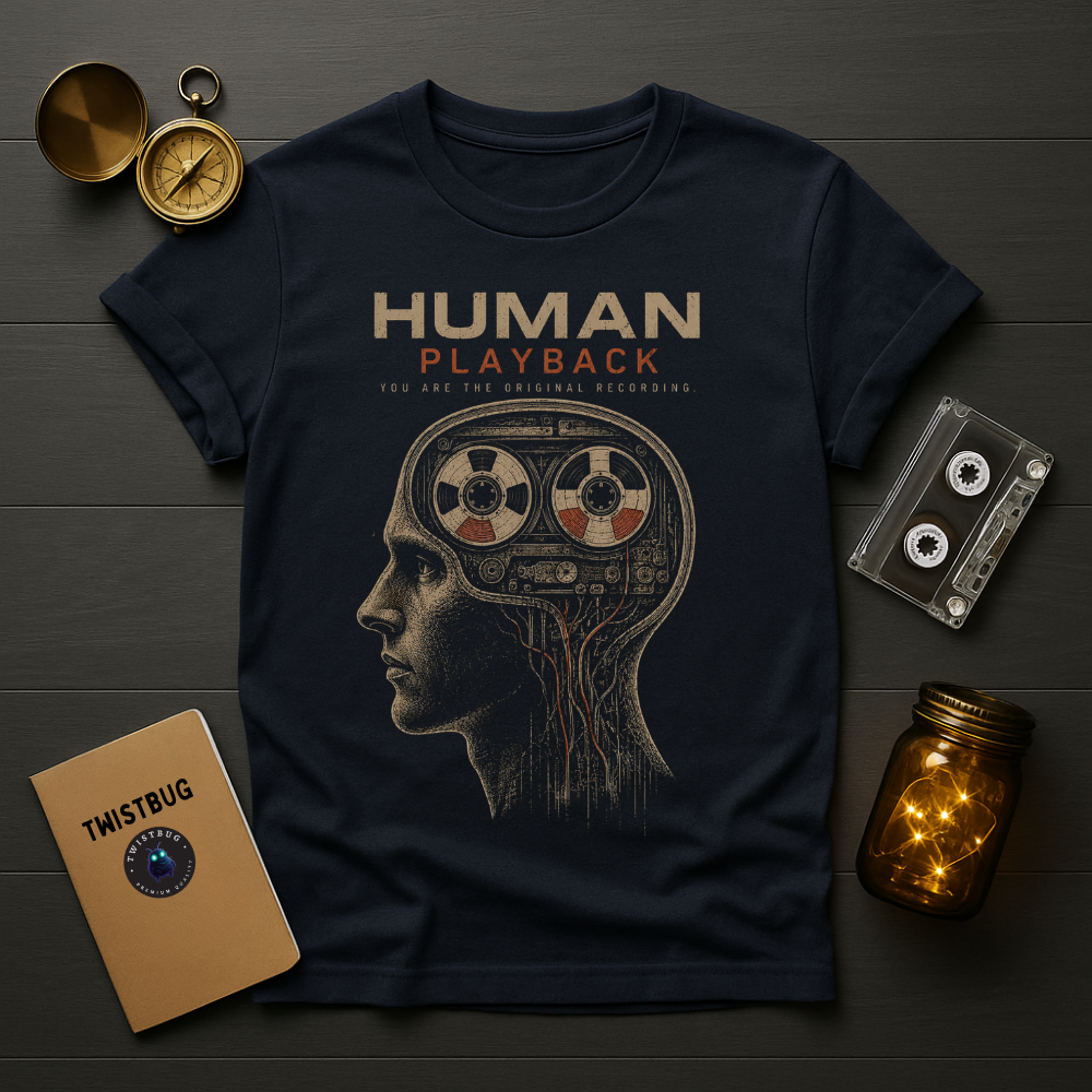 Navy blue t-shirt with 'Human Playback' design on a wooden surface with vintage items.