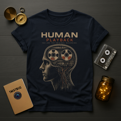 Navy blue t-shirt with 'Human Playback' design on a wooden surface with vintage items.