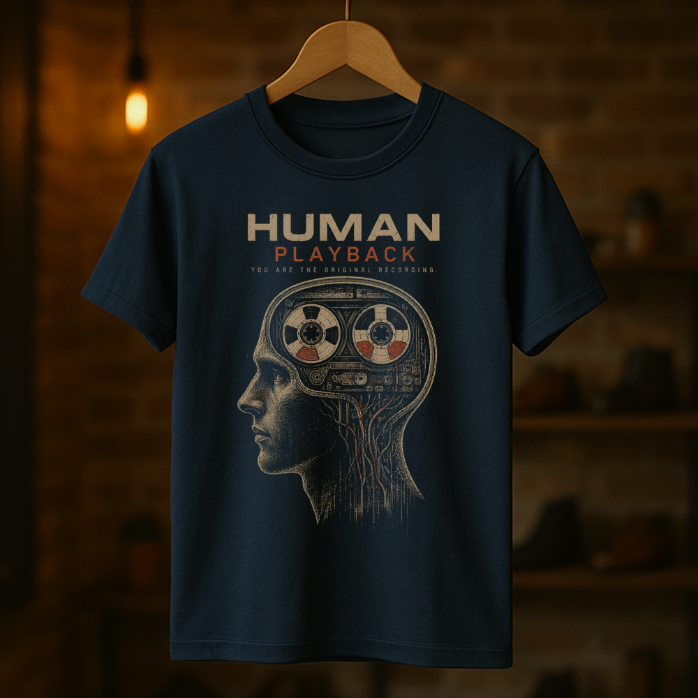 Navy blue t-shirt with 'Human Playback' design on a wooden hanger against a dark background