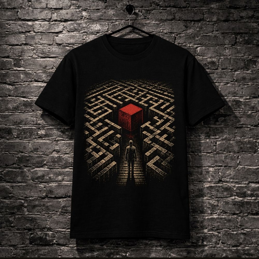 A black short-sleeve t-shirt hanging on a black hanger against a dark gray brick wall. The shirt features a graphic print of a person standing in a maze looking up at a red cube.