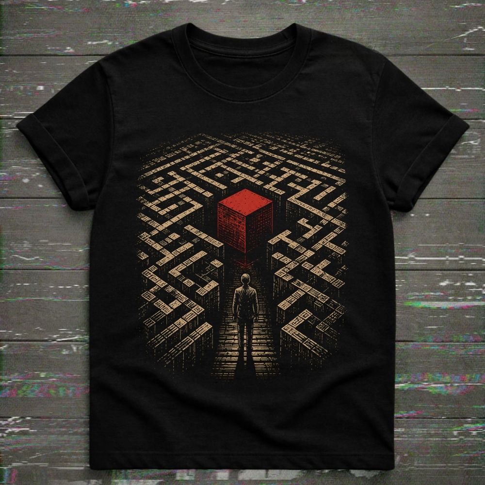 A black short-sleeve t-shirt with a graphic print of a person standing in a maze-like corridor under a bright red cube, laid flat on a dark wood background.