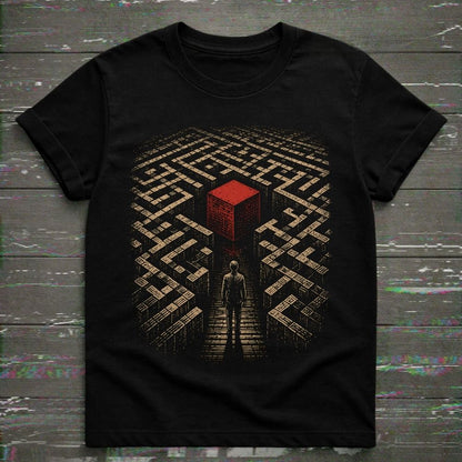 A black short-sleeve t-shirt with a graphic print of a person standing in a maze-like corridor under a bright red cube, laid flat on a dark wood background.