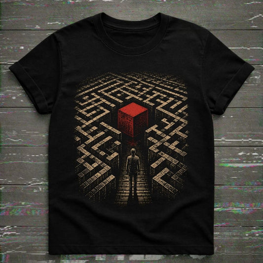 A black short-sleeve t-shirt with a graphic print of a person standing in a maze-like corridor under a bright red cube, laid flat on a dark wood background.