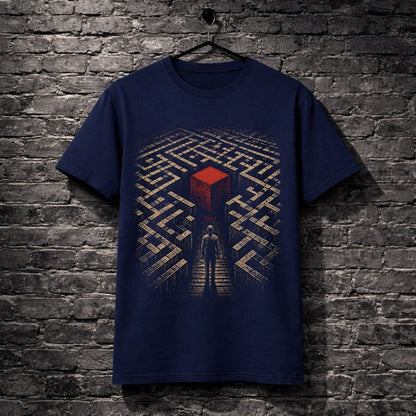A navy blue short-sleeve t-shirt hanging on a black hanger against a dark gray brick wall. The shirt features a graphic print of a person walking down a path toward a glowing red cube, surrounded by a beige maze pattern.