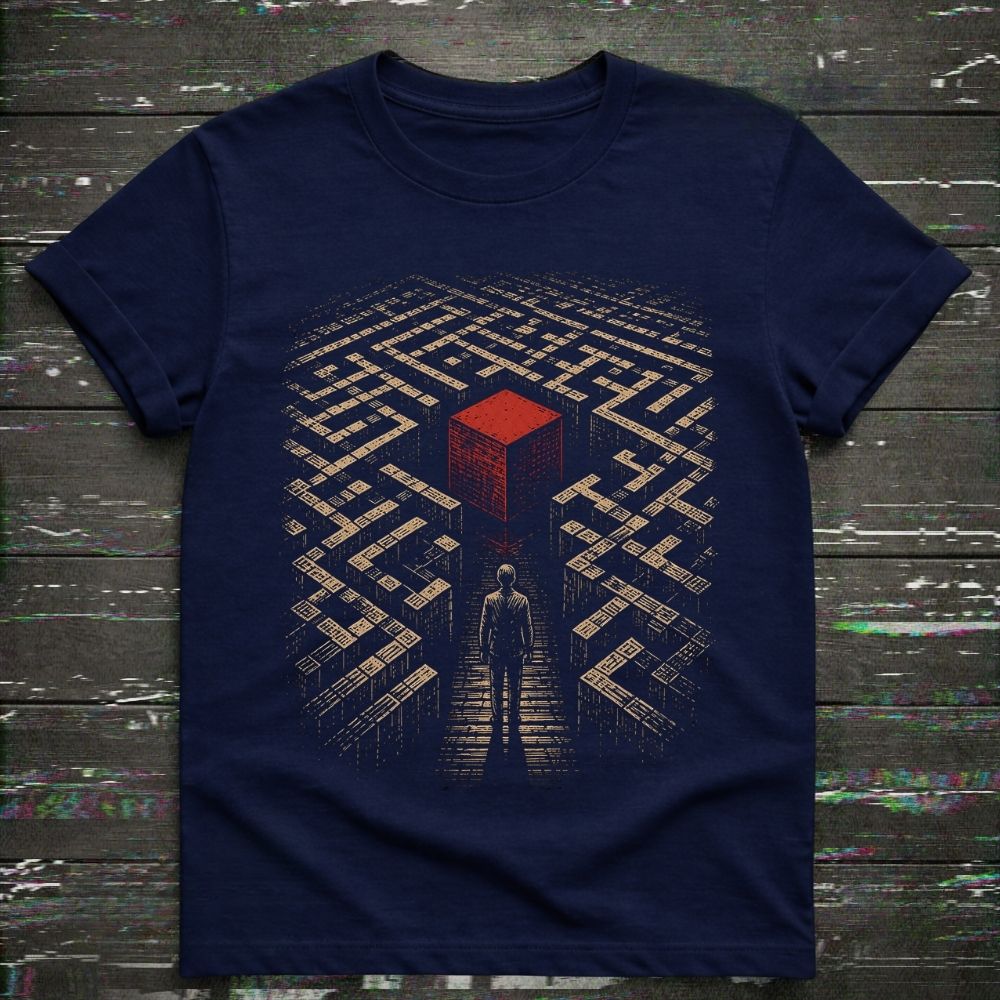 A navy blue short-sleeve t-shirt with a graphic print of a person standing in a maze looking up at a red cube, laid flat on a dark wood background.